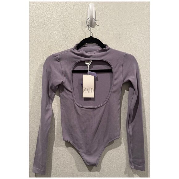 ZARA Open Back Long Sleeve Purple Bodysuit - Picture 3 of 3